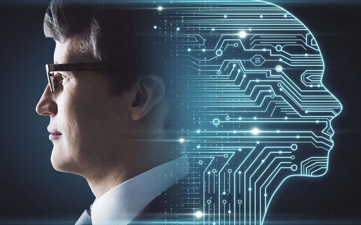 Profissional ao lado de representacao digital na pagina de inteligencia artificial da Clepian